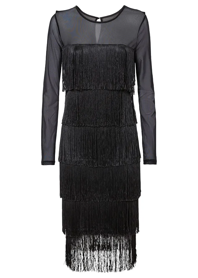 Midi jurk van zachte mesh met franjes • zwart • bonprix online shop