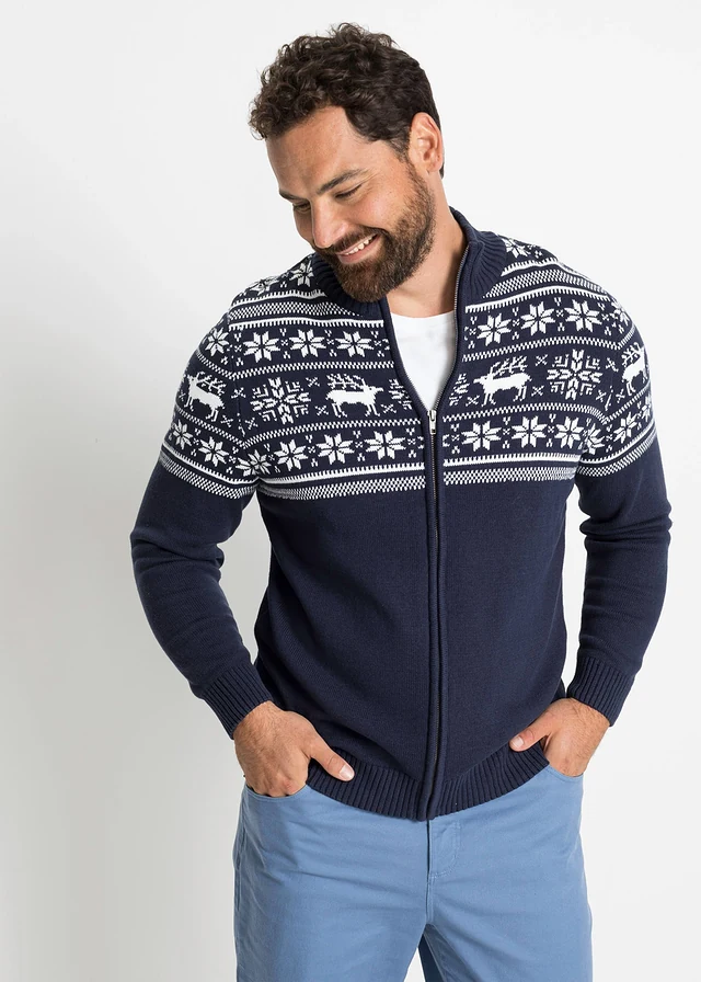 Gilet norvégien en maille douce 100% coton, Couleur: bleu foncé