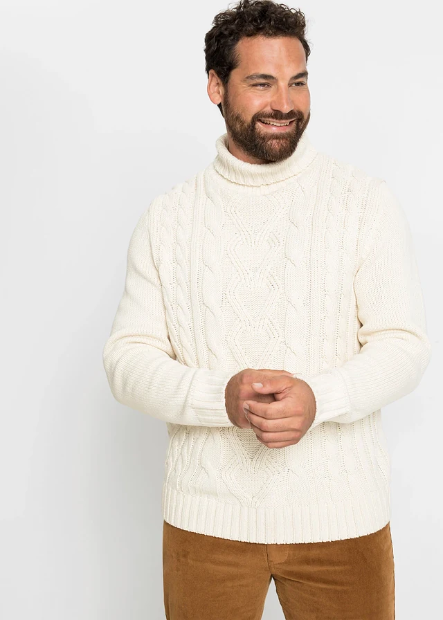 Pull col roulé en maille torsadée, Couleur: naturel