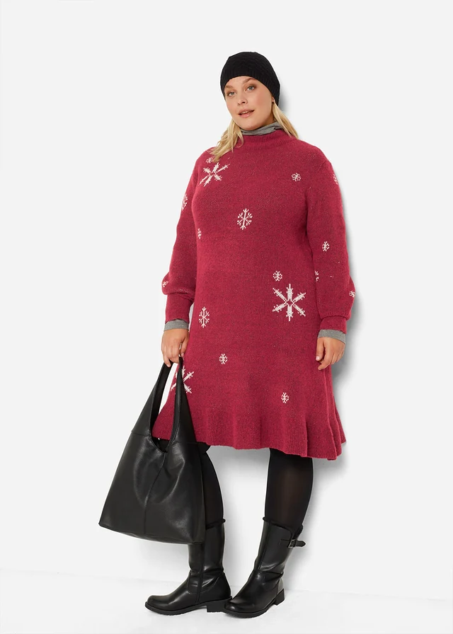 Robe en maille avec flocons de neige, Couleur: rouge vermillon