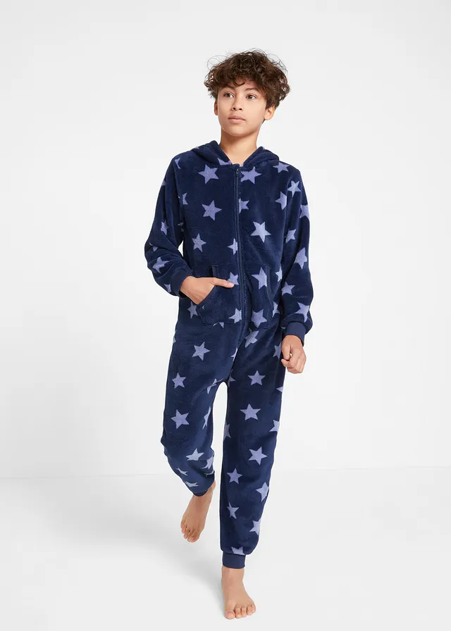 Pyjama onesie van fleece, Kleur: donkerblauw gedessineerd
