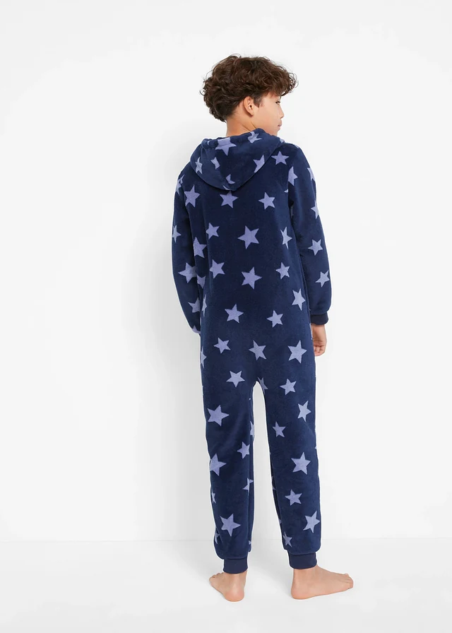 Pyjama onesie van fleece, Kleur: donkerblauw gedessineerd
