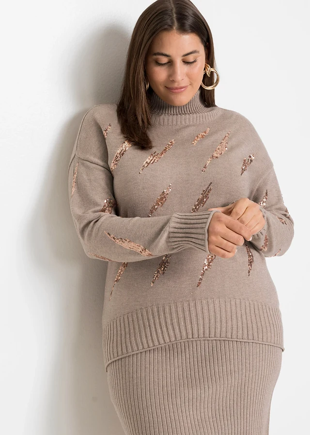 Oversized trui in een zachte viscosemix, Kleur: lichtbruin gemêleerd