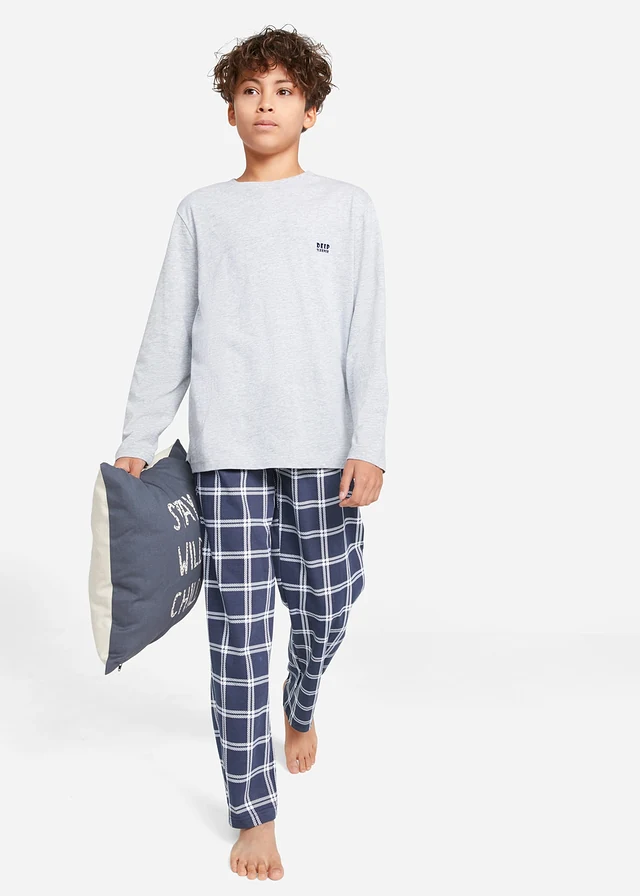 Pyjama met biologisch katoen (4-dlg. set), Kleur: donkerblauw-wit-lichtgrijs gemêleerd-azuurblauw met print