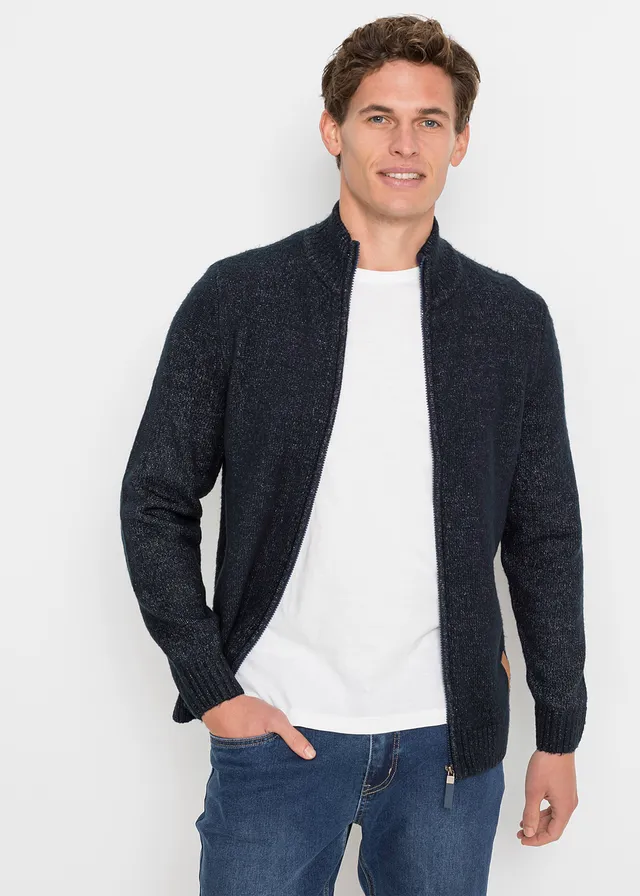 Veste en maille à col montant, Couleur: bleu foncé chiné