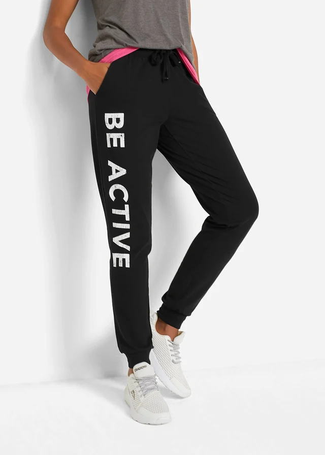 Joggingbroek van katoen met print, loose fit, Kleur: zwart-wit met print