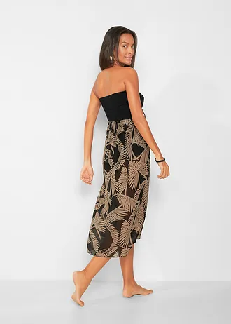 Strapless strandjurk van chiffon, Kleur: zwart-taupe