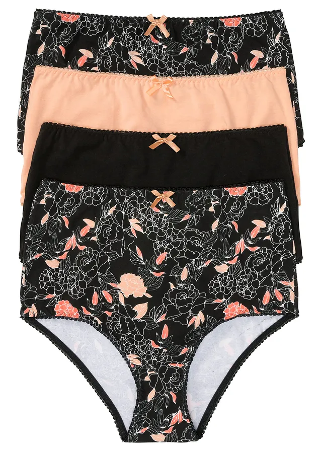 Lot de 4 slips taille haute, Couleur: noir floral + noir + melba