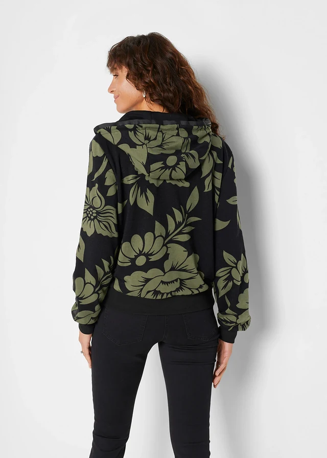 Gilet en molleton de coton mélangé, Couleur: noir/vert floral