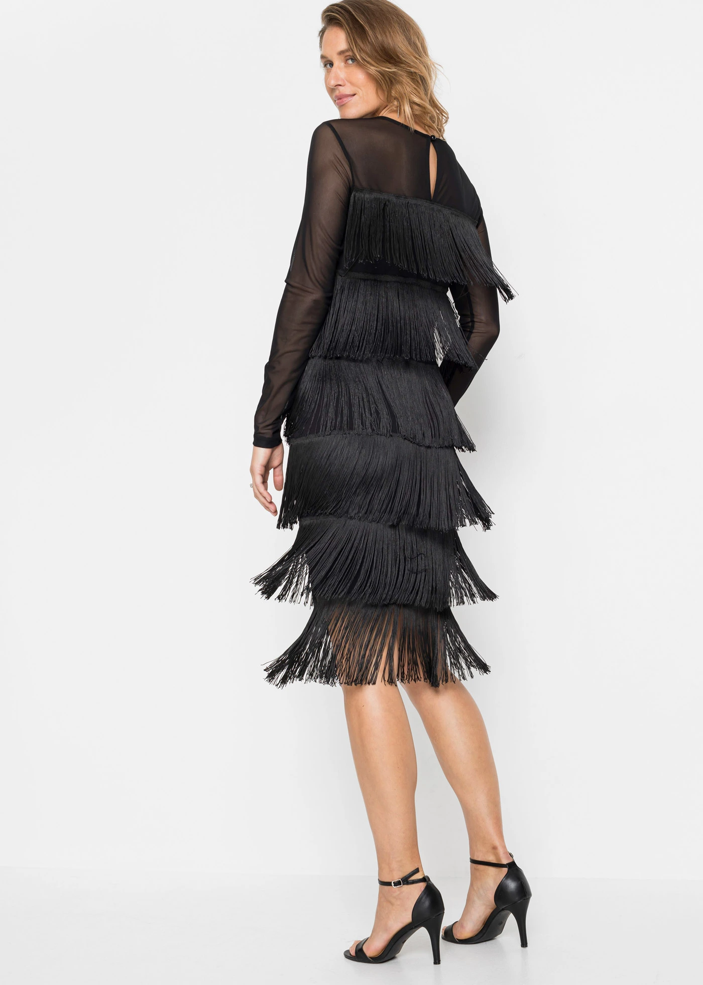 Midi jurk van zachte mesh met franjes • zwart • bonprix online shop