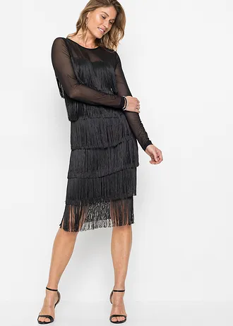 Midi jurk van zachte mesh met franjes • zwart • bonprix online shop