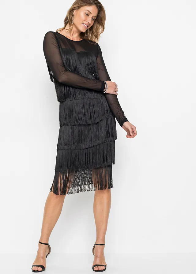 Robe midi en mesh léger à franges, Couleur: noir