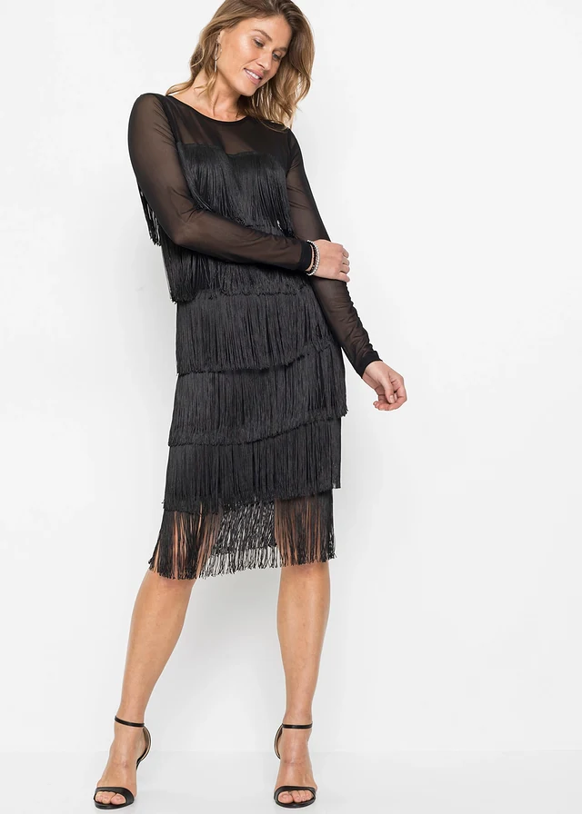 Midi jurk van zachte mesh met franjes, Kleur: zwart