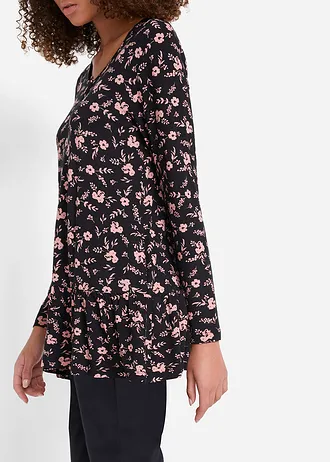 Bluză-tunică lungă din material cu viscoză • negru/roz antic înflorat • magazin bonprix