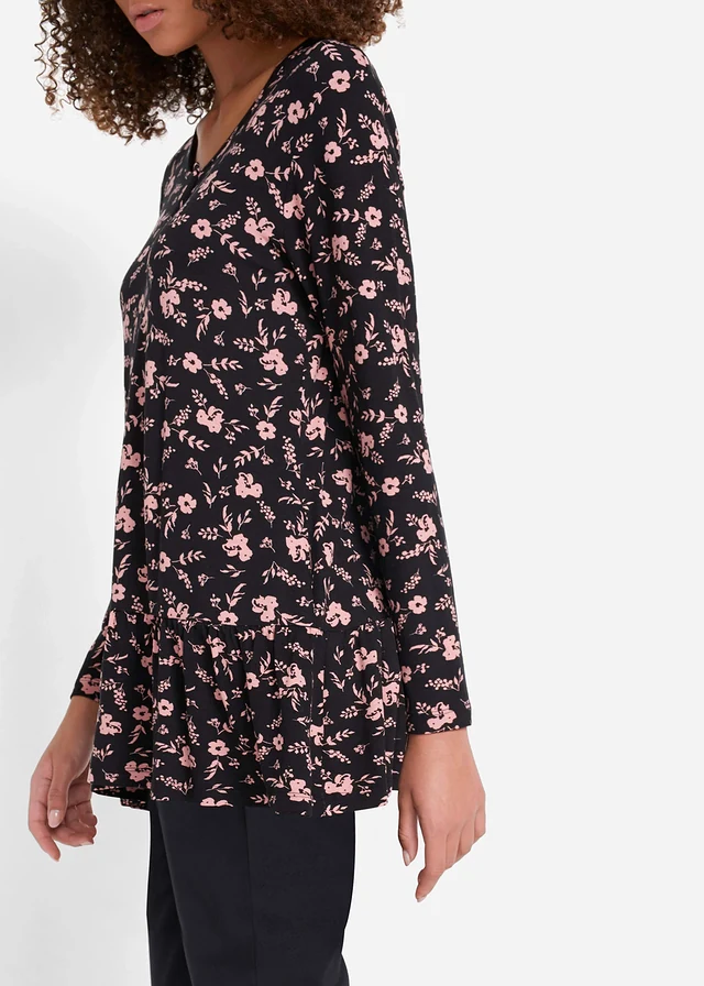 Longue tunique en jersey viscose • noir/vieux rose floral • product-page.page-title-suffix