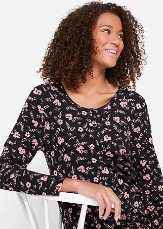 Dlouhá úpletová tunika ze směsi s viskózou • černo-starorůžová s květy • bonprix obchod