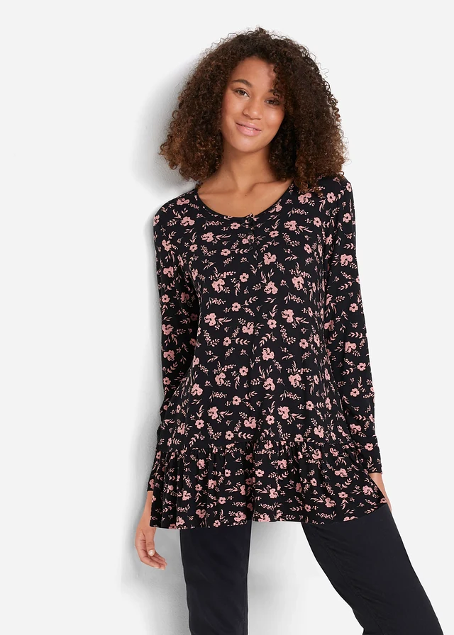 Longue tunique en jersey viscose • noir/vieux rose floral • product-page.page-title-suffix