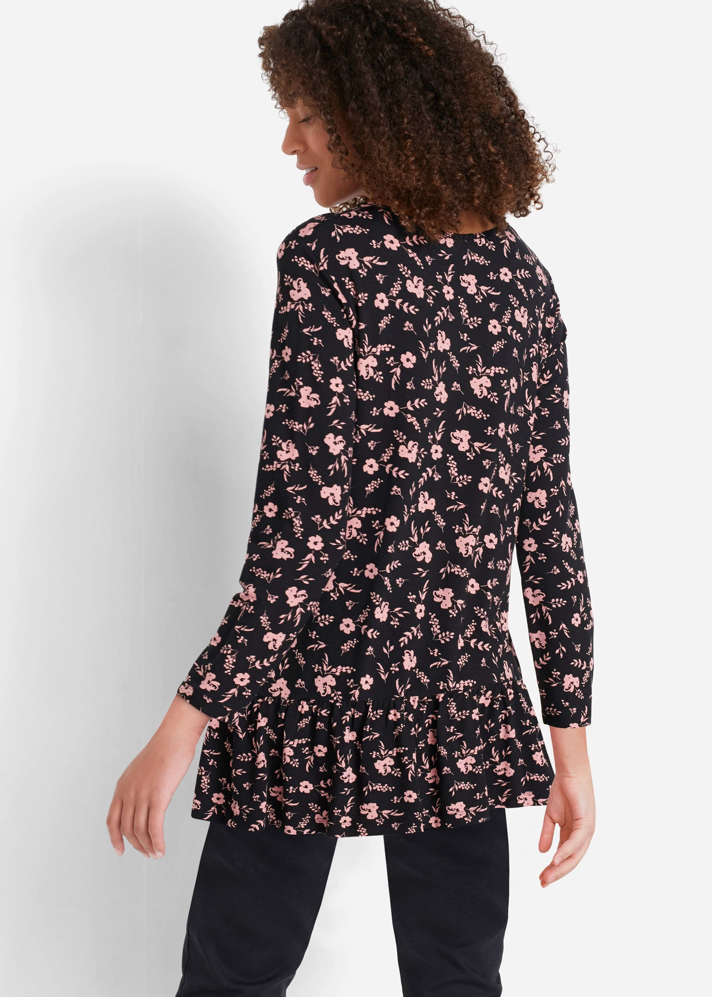 Dlouhá úpletová tunika ze směsi s viskózou • černo-starorůžová s květy • bonprix obchod