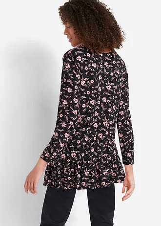 Bluză-tunică lungă din material cu viscoză • negru/roz antic înflorat • magazin bonprix
