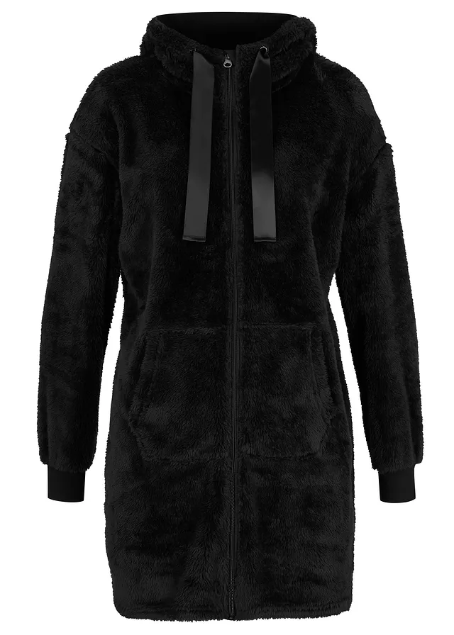 Jachetă de casă lungă din fleece, cu glugă