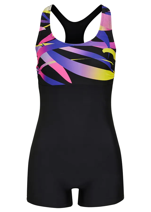 Costum de baie prevăzut cu crac mic, în stil sport. Din material cu uscare rapidă