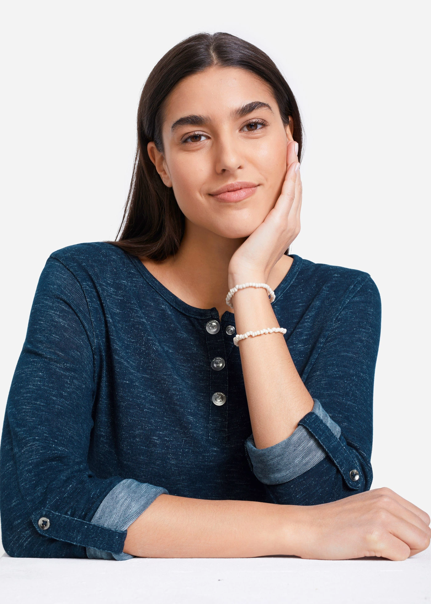 Longsleeve van katoenmix met knoopsluiting • donkerblauw gemêleerd • bonprix online shop