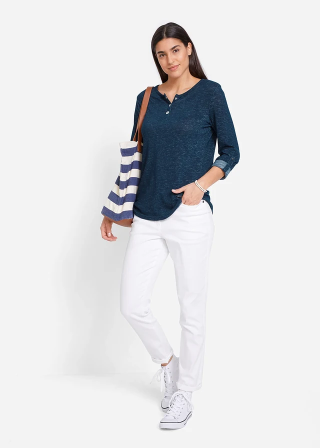 Longsleeve van katoenmix met knoopsluiting, Kleur: donkerblauw gemêleerd