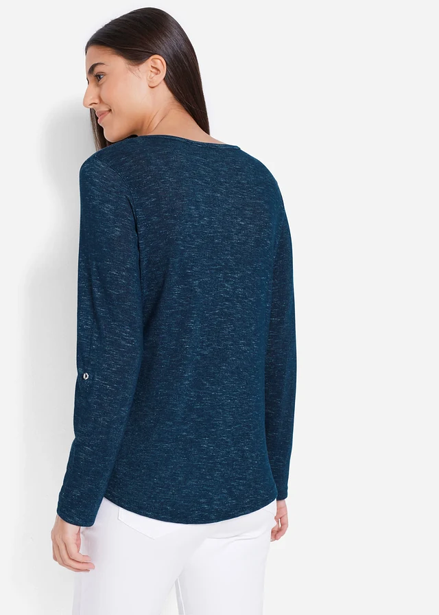 Longsleeve van katoenmix met knoopsluiting, Kleur: donkerblauw gemêleerd