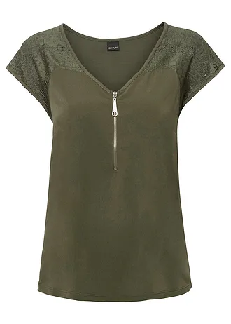 T-shirt à empiècement dentelle, Couleur: olive