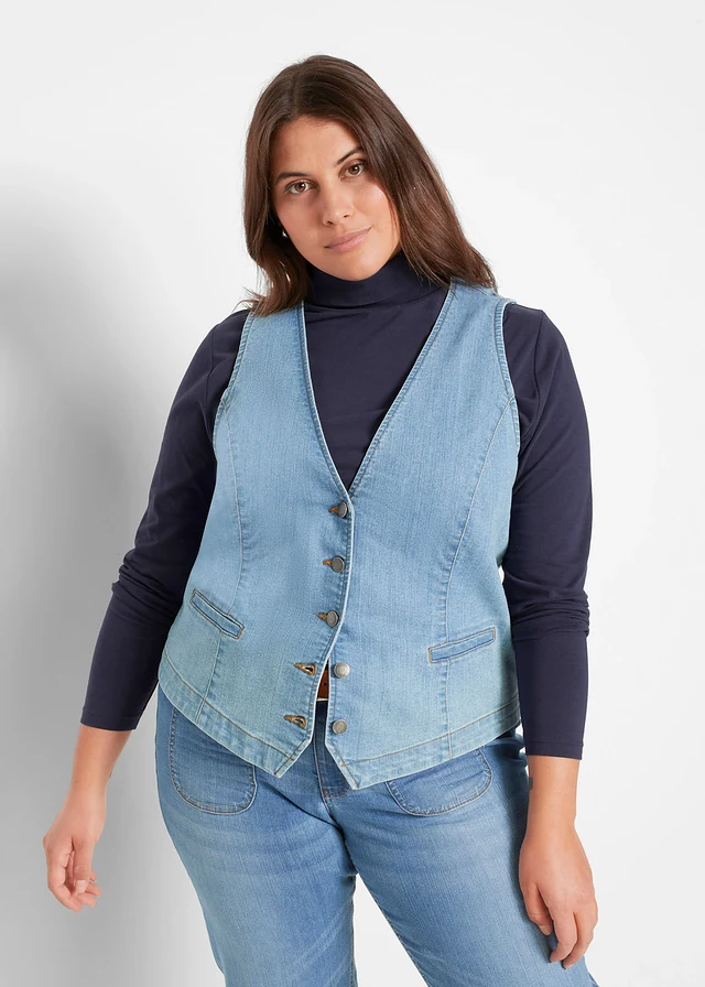 Gilet sans manches en jean extensible, Couleur: bleu clair denim