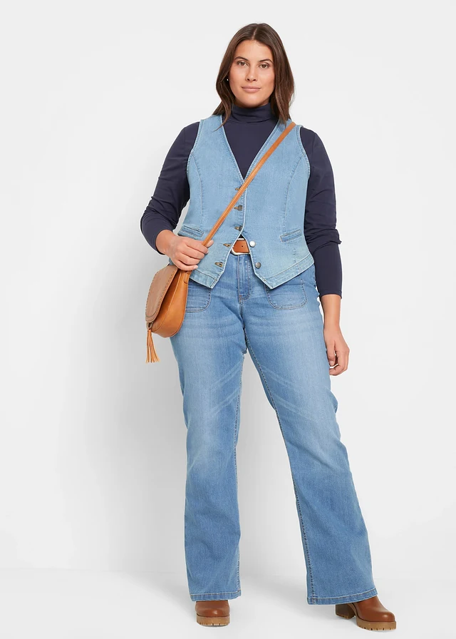 Gilet sans manches en jean extensible, Couleur: bleu clair denim