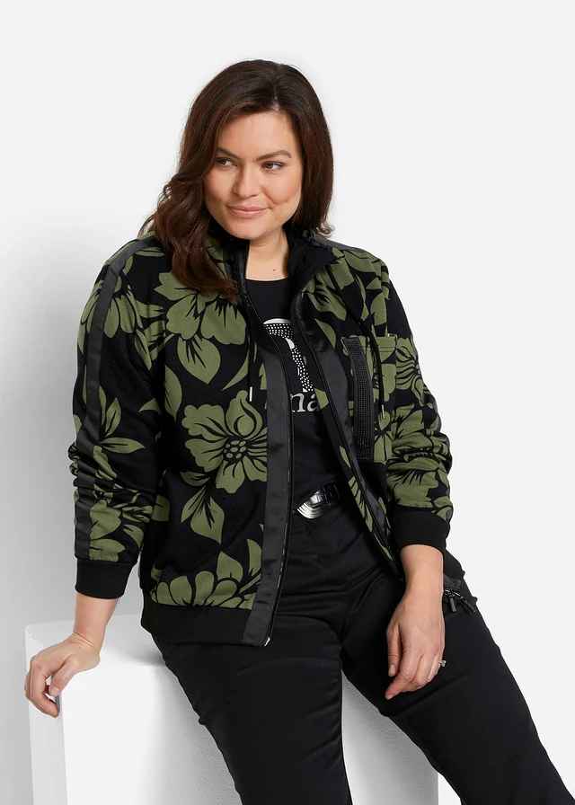 Gilet en molleton de coton mélangé, Couleur: noir/vert floral