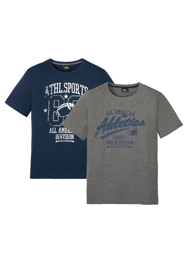 T-shirt o kroju regular fit, 2 szt., kolor: ciemnoniebieski + szary melanż z nadrukiem