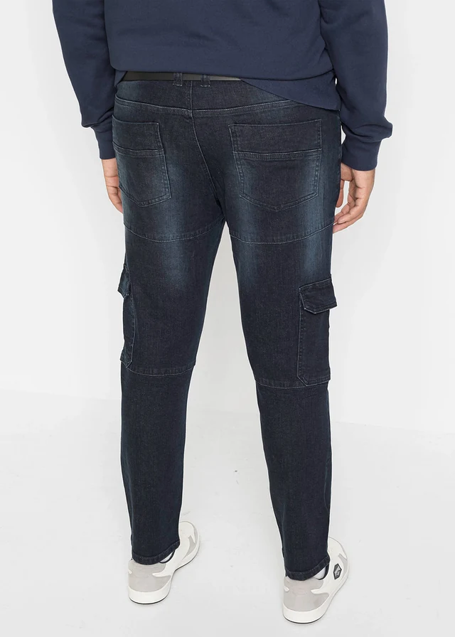 Jean slim extensible poches cargo, droit, Couleur: bleu foncé denim used