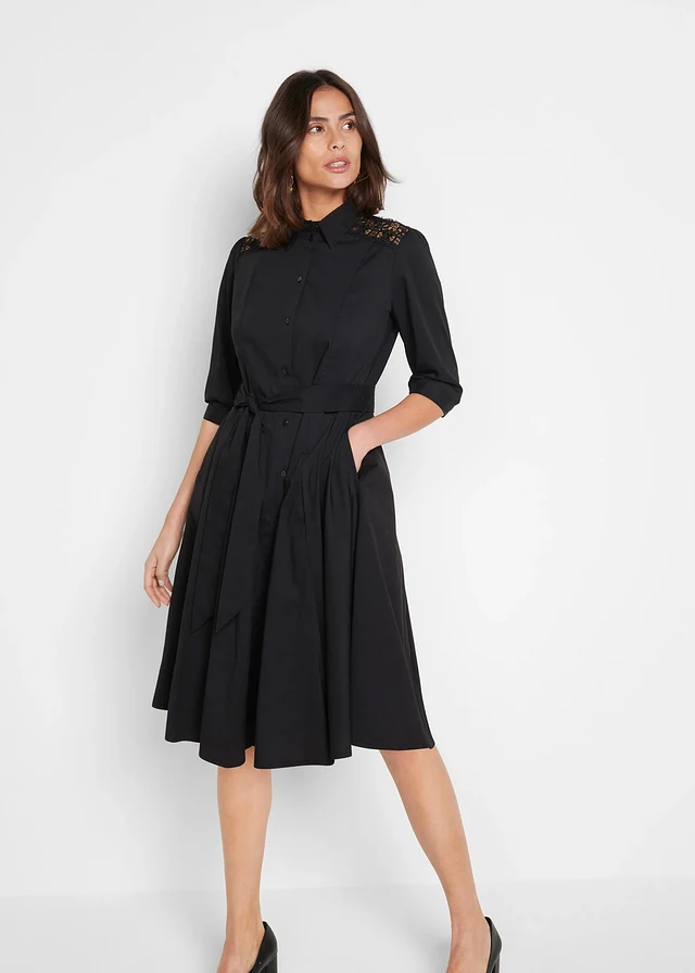 Robe-chemise avec dentelle et lien à nouer • noir • product-page.page-title-suffix