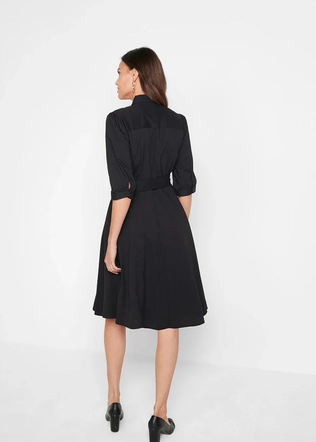 Robe-chemise avec dentelle et lien à nouer, Couleur: noir