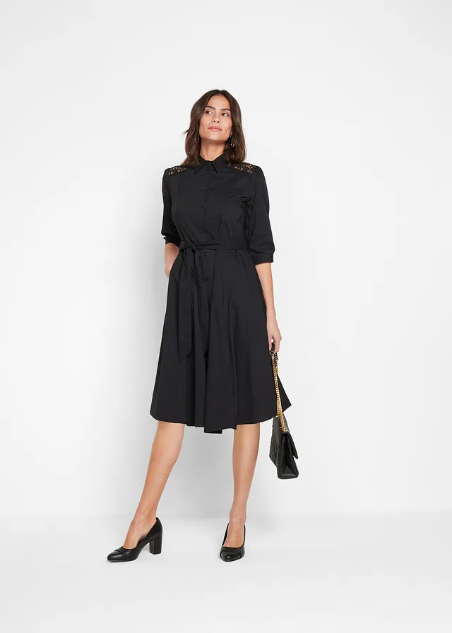 Robe-chemise avec dentelle et lien à nouer, Couleur: noir