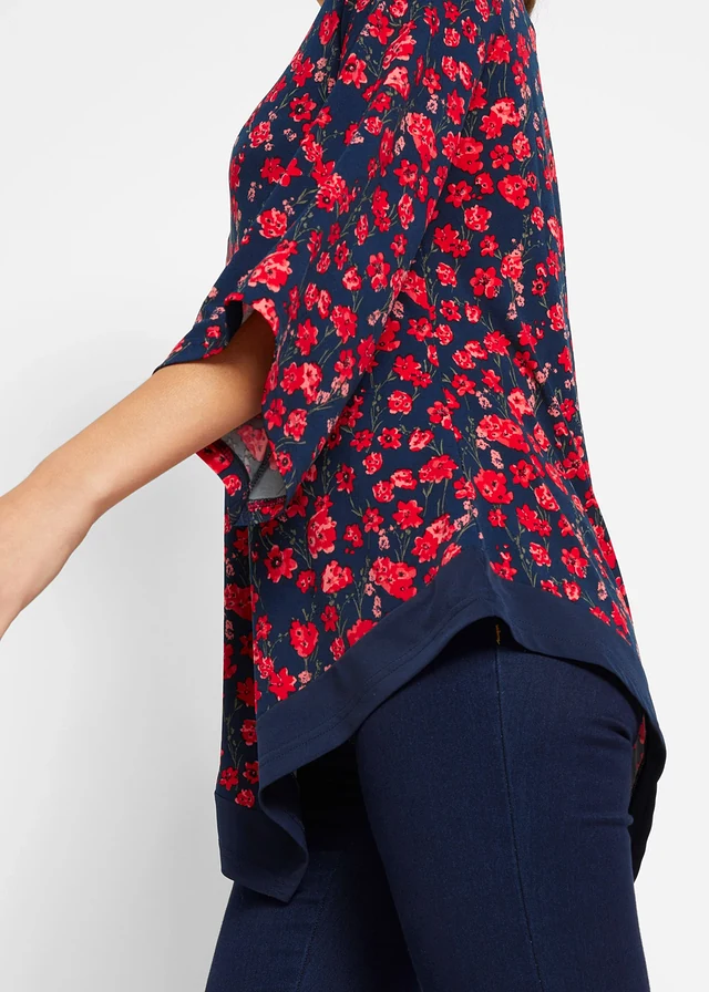 Bluză tricot-tunică • bleumarin / roşu-căpşună înflorat • magazin bonprix