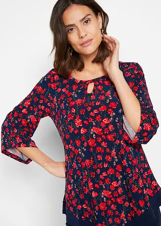 T-shirt tunique • bleu foncé-fraise à fleurs • Boutique bonprix