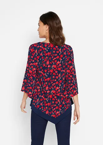 T-shirt tunique, Couleur: bleu foncé/fraise floral