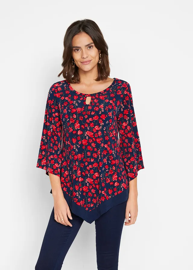 Shirt tuniek, Kleur: donkerblauw-aardbeirood gebloemd