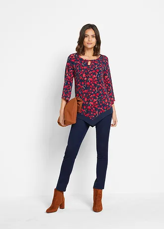 Shirt tuniek, Kleur: donkerblauw-aardbeirood gebloemd