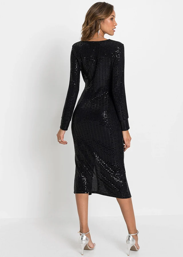 Accentuerende jurk met pailletten, Kleur: zwart