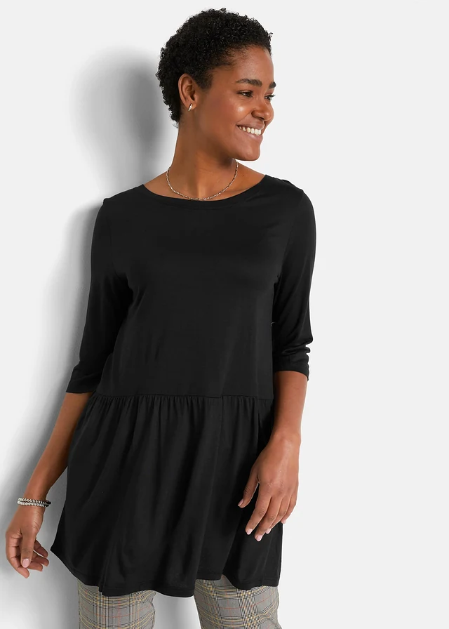 T-shirt long avec volant, Couleur: noir