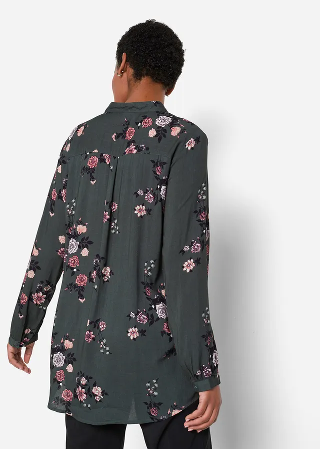 Tunique longue en viscose fluide, Couleur: vert eucalyptus floral