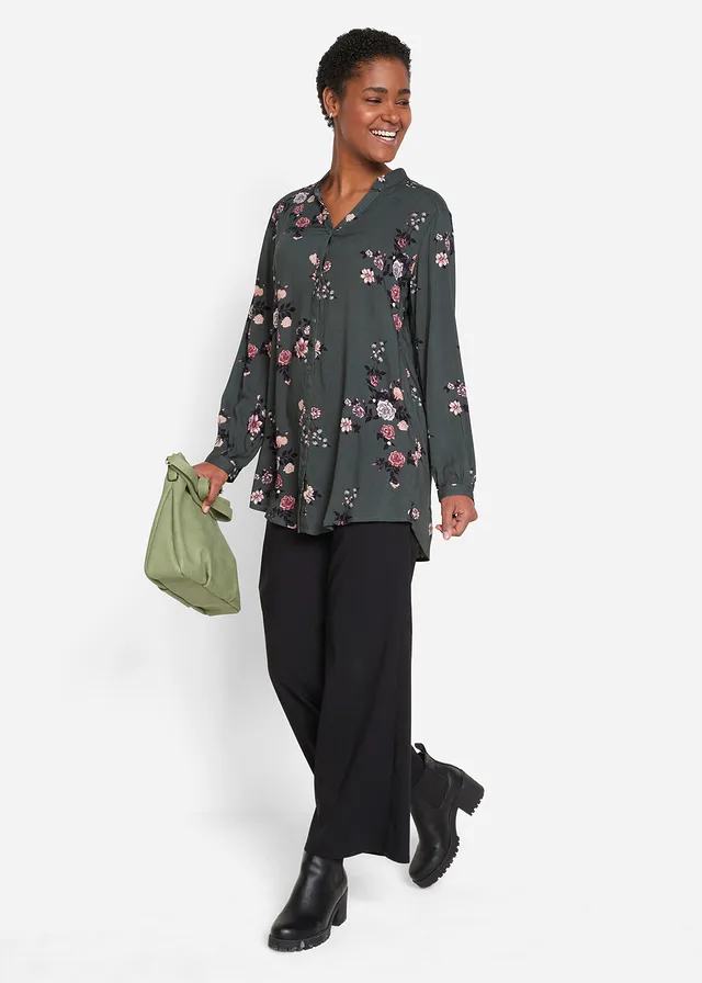 Tunique longue en viscose fluide, Couleur: vert eucalyptus floral