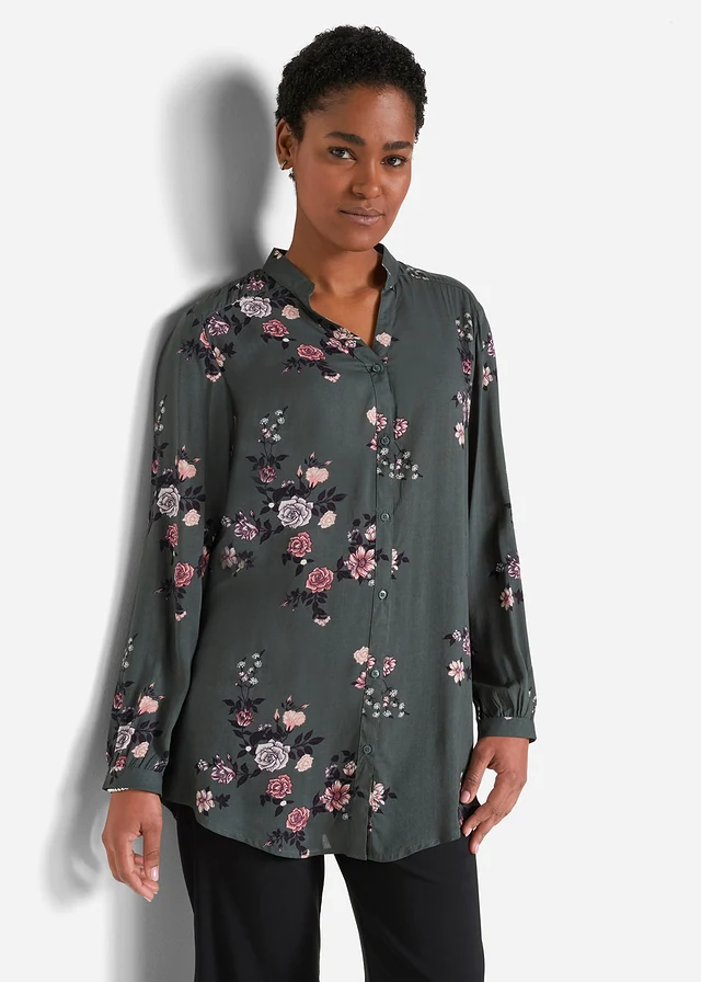 Lange blouse van viscose, wijd model, Kleur: eucalyptusgroen gebloemd