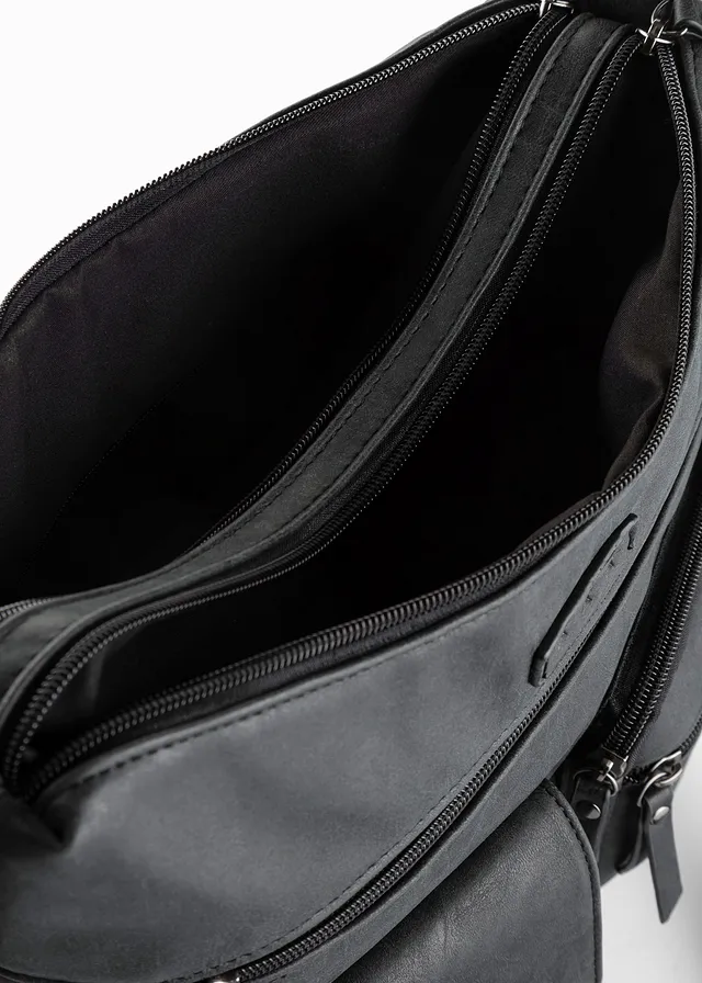 Schoudertas met buitenzakken, Kleur: zwart