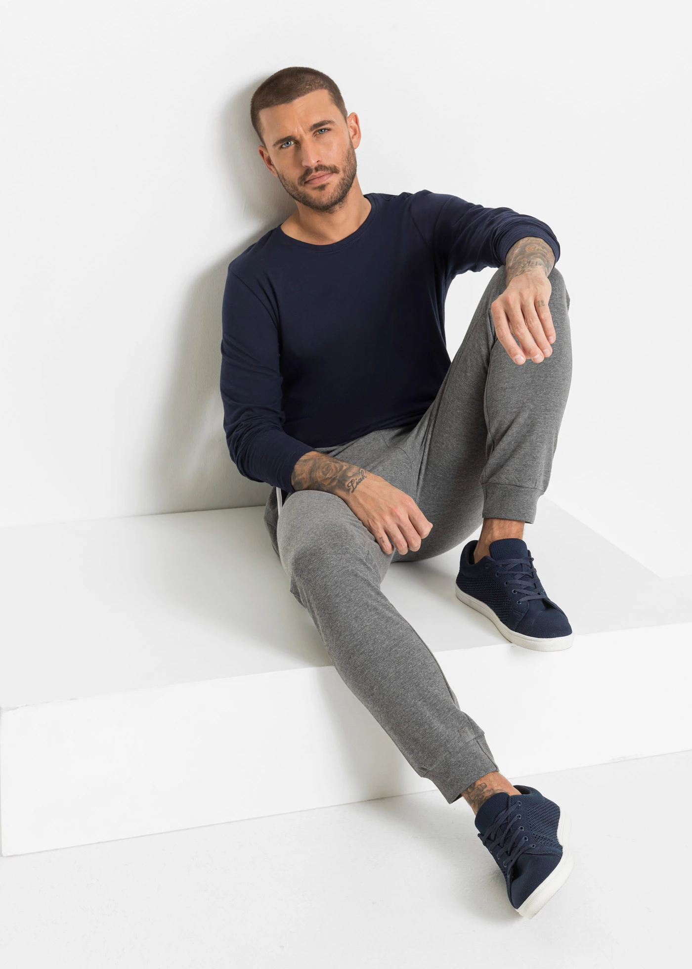 T-shirt (set van 2) in regular fit • donkerblauw+grijs gemêleerd met print • bonprix online shop