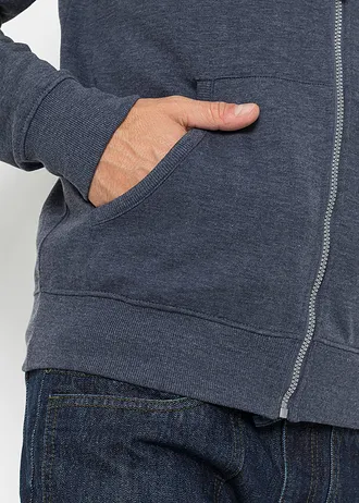 Mikina na zapínání s kapucí a s detaily z umělé kůže • tmavě modrý melír • bonprix obchod